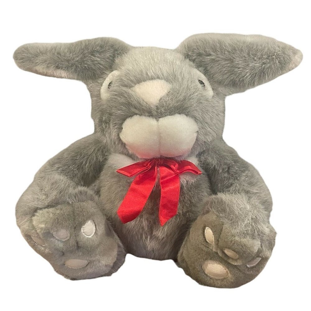 Vintage Mervyns People Pals Bunny Rabbit Grey Plush Stuffed Animal Easter Bow